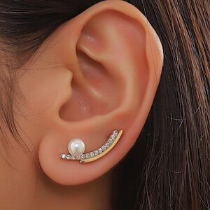 Gold Pearl Ear Climber Zircon, Ear Jacket, Studs, Huggies, Minimalist